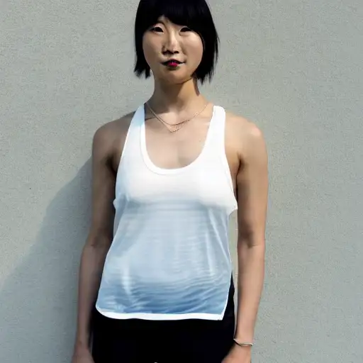 in the style of jin kagetsu, reflective gradient, gentle smile, humor, high key lighting, sexy, white tank top, autumn, evil ai, norman rockwel