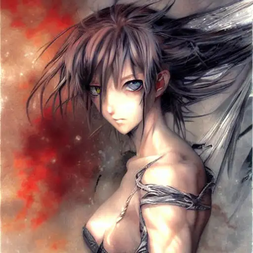 very very anime, color page, fine, charcoal painting, geoffroy thoorens, by luis royo, sharp, red eyes, anime art style, by craig mullins