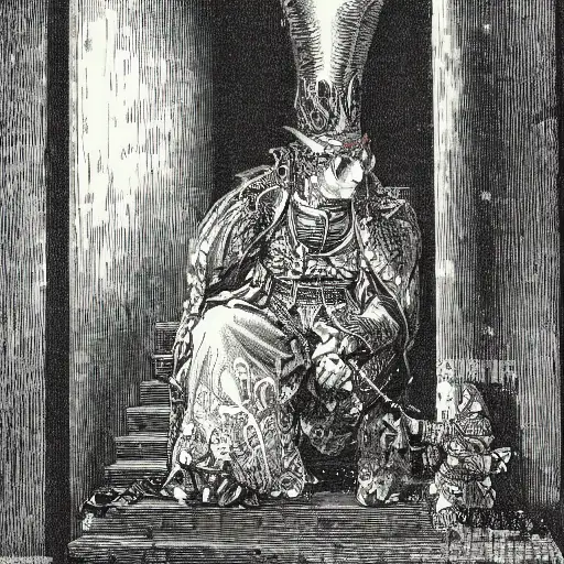 orientalism, powerful chin, angry, takato yomamoto, shot of a court jester, intricate detailed environment, ultra hd, mid, etching by gustave dore, glossy