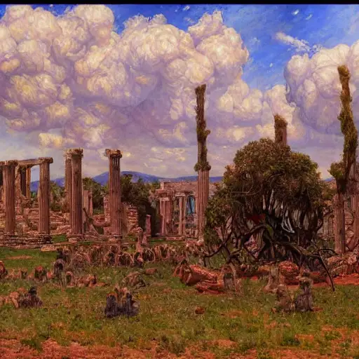 humans being devoured, command presence, impressionism, centered, painted, digital photography, the most american landscape ever, ancient ruins behind, donato giancola, fine detail